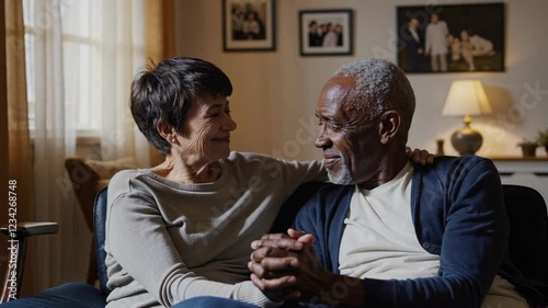 Warm lighting illuminates a senior couple sitting on a sofa, holding hands and sharing a tender, bittersweet moment of connection in their cozy living room, adorned with framed family photos