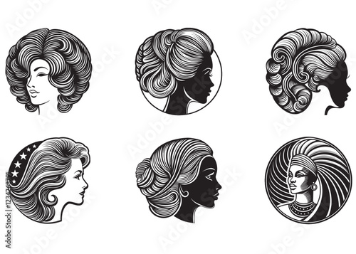 afro american woman hairstyle silhouette vector logo, Set of silhouette afro girl, afro american woman logo head, american woman hairstyle vector, vector illustration isolated on white background 