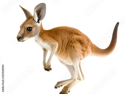 A playful baby kangaroo hopping around with its tail raised, set against a white background. Transparent background



