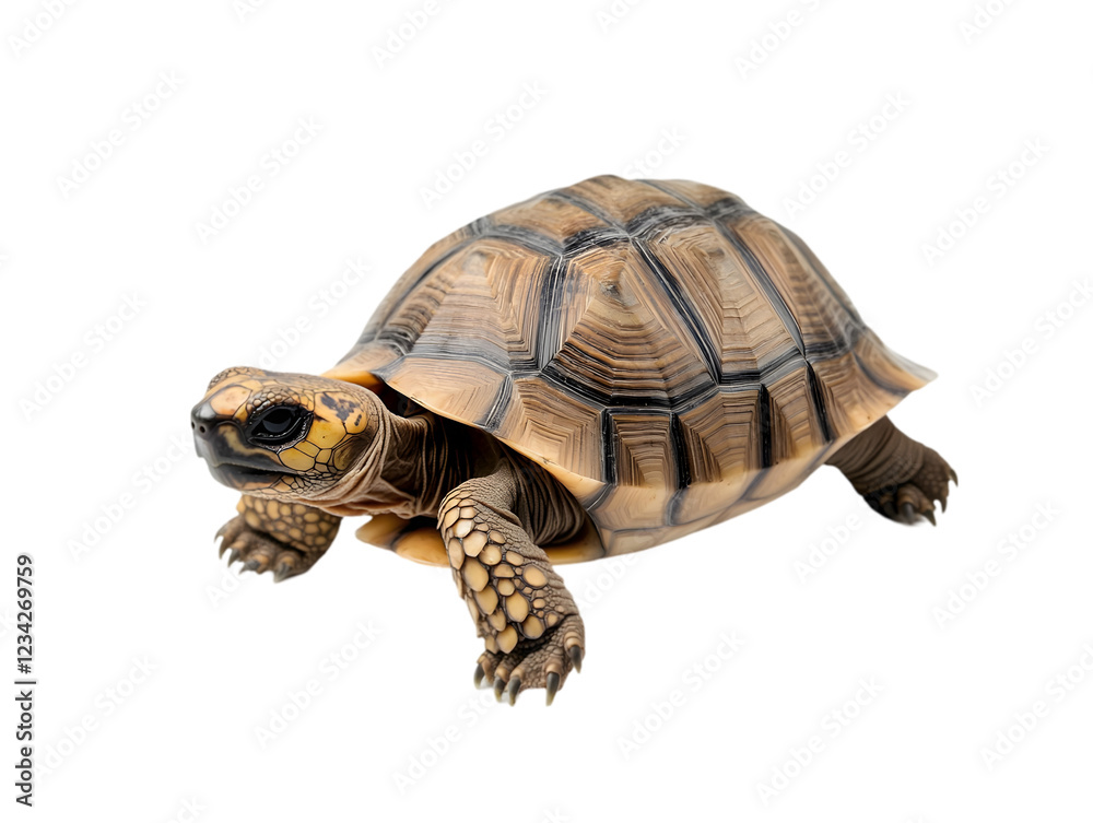 Obraz premium A small tortoise with a patterned shell, slowly walking across a white surface. Transparent background