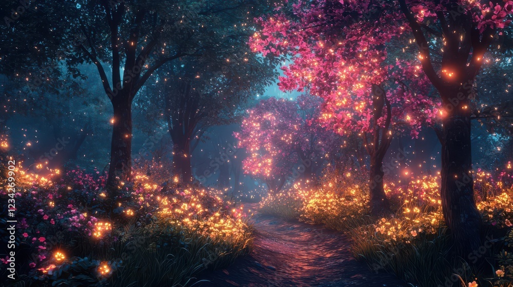A magical forest with glowing flowers and vibrant trees, creating an enchanting atmosphere in a serene nature setting. A magical forest with glowing flowers and vibrant trees, creating an enchanting atmosphere in a serene nature setting.