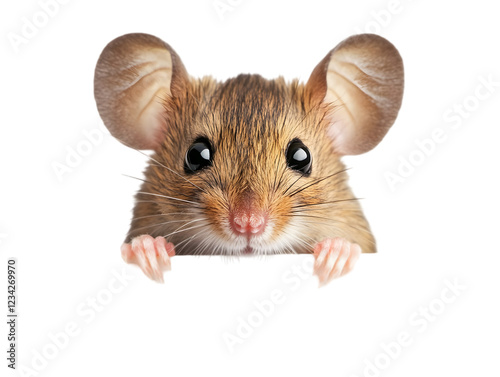 A tiny mouse with large ears and whiskers, peeking from behind a white surface. Transparent background


