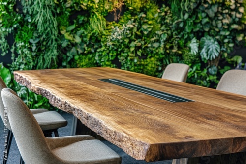 Simple furniture arrangement with wooden table and chairs against a green background, ideal for interior design or office settings