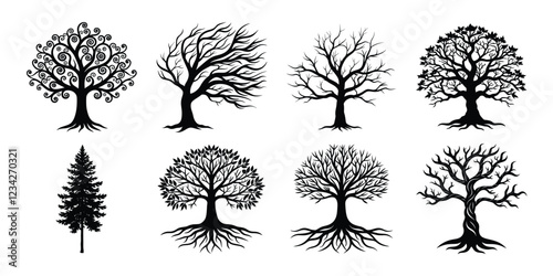 Tree silhouettes set. various trees bundle on white background