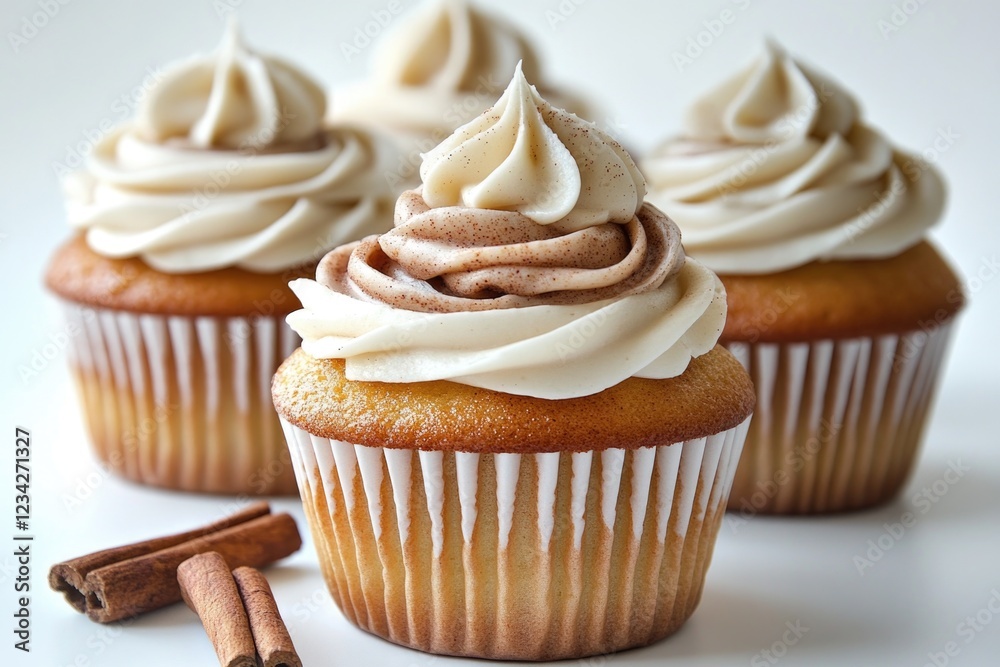 Three decorated cupcakes with white frosting and topped with cinnamon sticks, perfect for a sweet treat or dessert display Three decorated cupcakes with white frosting and topped with cinnamon sticks, perfect for a sweet treat or dessert display