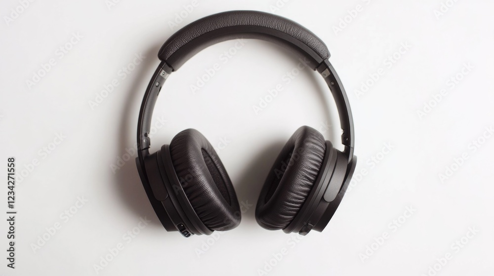 Close-up shot of a pair of black headphones placed on a clean white surface Close-up shot of a pair of black headphones placed on a clean white surface