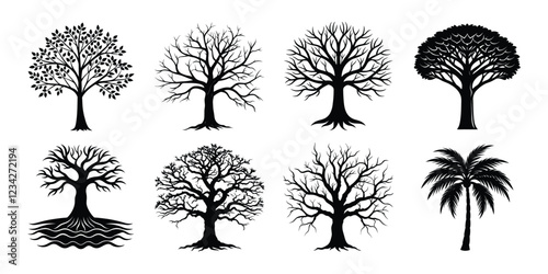 Tree silhouettes set. various trees bundle on white background