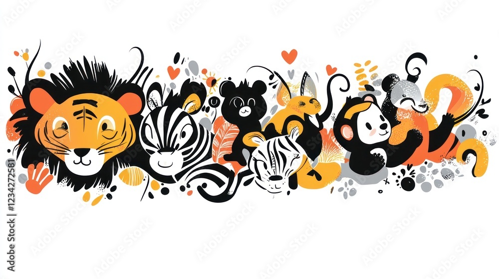 Obraz premium Happy animals group hug, jungle background, children's book illustration