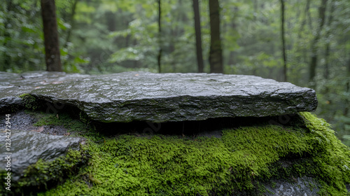 Rainy forest, moss-covered rock, flat stone top.  Product display