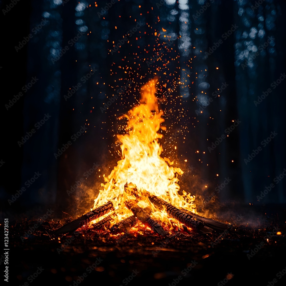 Fiery Campfire in Dark Forest at Night Fiery Campfire in Dark Forest at Night
