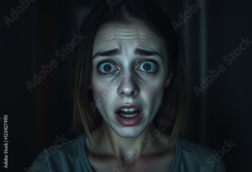 Eerie and suspenseful portrait of a scared female person