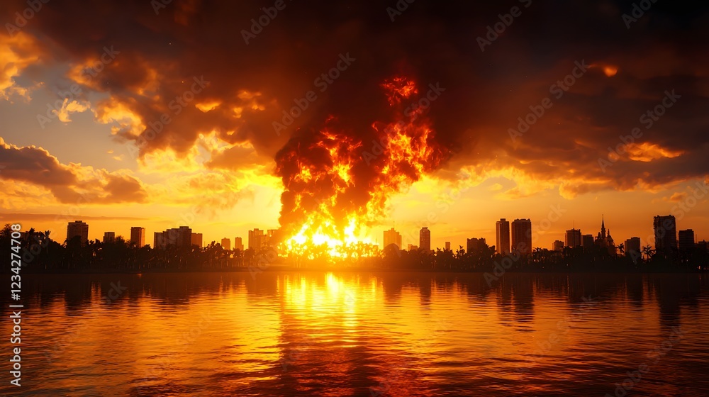 Fototapeta premium Fiery Cityscape Sunset Destruction