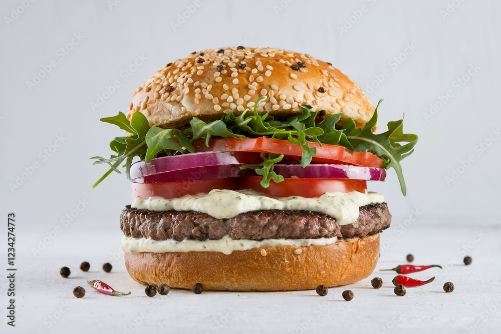 Delicious gourmet burger with fresh toppings. Delicious gourmet burger with fresh toppings.