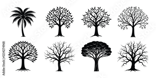 Tree silhouettes set. various trees bundle on white background