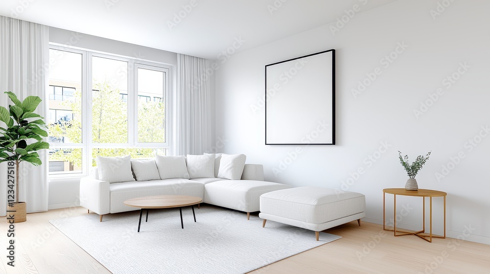 Fototapeta premium Bright Minimalist Living Room Interior With White Sectional Sofa And Large Canvas