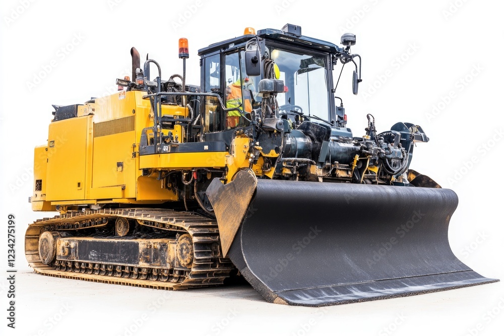 A large yellow bulldozer sitting on a white surface, ideal for use in construction or heavy machinery contexts A large yellow bulldozer sitting on a white surface, ideal for use in construction or heavy machinery contexts
