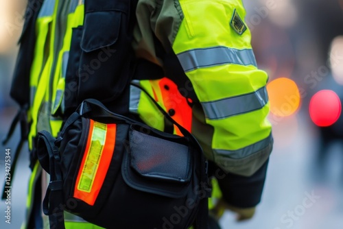A worker wearing a yellow vest holds a black bag, possibly containing tools or equipment