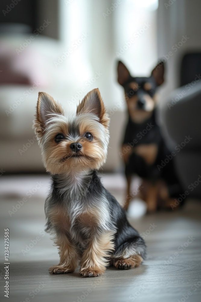 Two small dogs sitting together on the floor Two small dogs sitting together on the floor