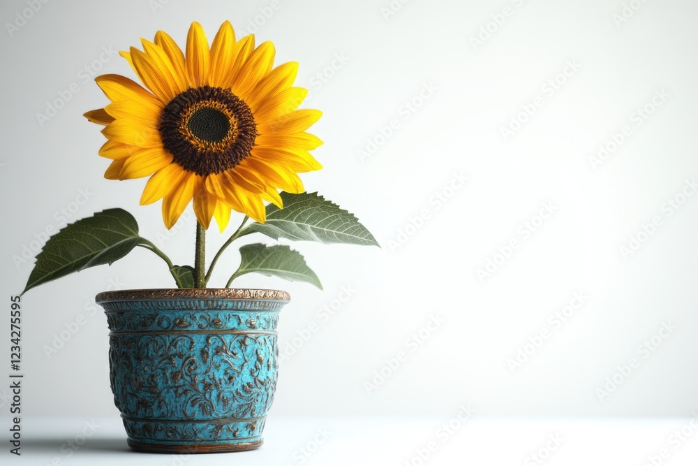 A bright yellow sunflower placed in a blue vase on a table, perfect for decoration or gift A bright yellow sunflower placed in a blue vase on a table, perfect for decoration or gift