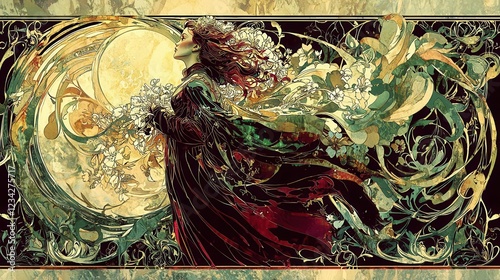 A mystical woman surrounded by nature, embodying elegance and serenity under the glow of a full moon, adorned with blossoms.