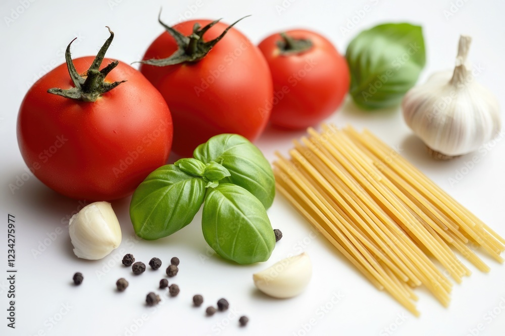 Fresh tomatoes, basil, and garlic arranged on a white surface for preparing pasta dish Fresh tomatoes, basil, and garlic arranged on a white surface for preparing pasta dish