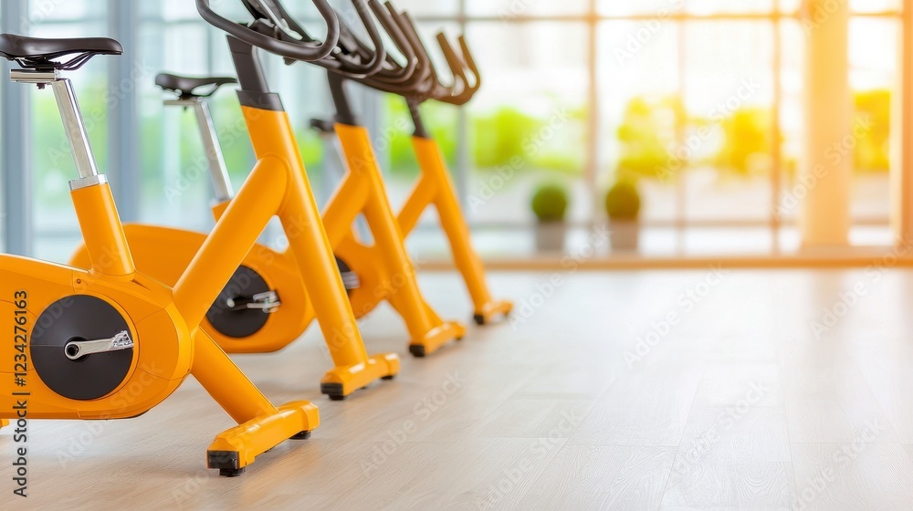 Bright Yellow Indoor Cycling Bikes in a Sunlit Fitness Studio Bright Yellow Indoor Cycling Bikes in a Sunlit Fitness Studio
