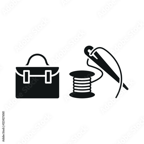 Needle, thread, and briefcase set icon represents the fusion of tailoring and professionalism, perfect for fashion entrepreneurs, bespoke suit brands, garment industry visuals, and corporate tailoring