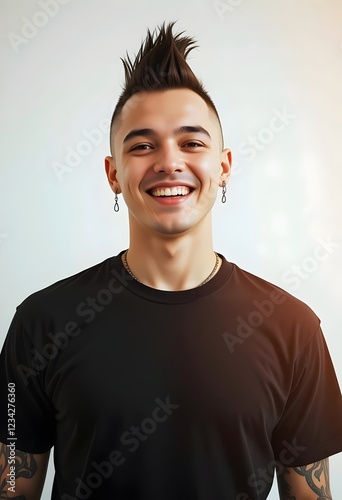 young handsome man wearing a blank black t-shirt, punk,  rock, rock and rock. Suitable for t-shirt design mockup,  edgy, rebellious, attitude, cool, casual, streetwear, minimalist, bold, graphic, sexy