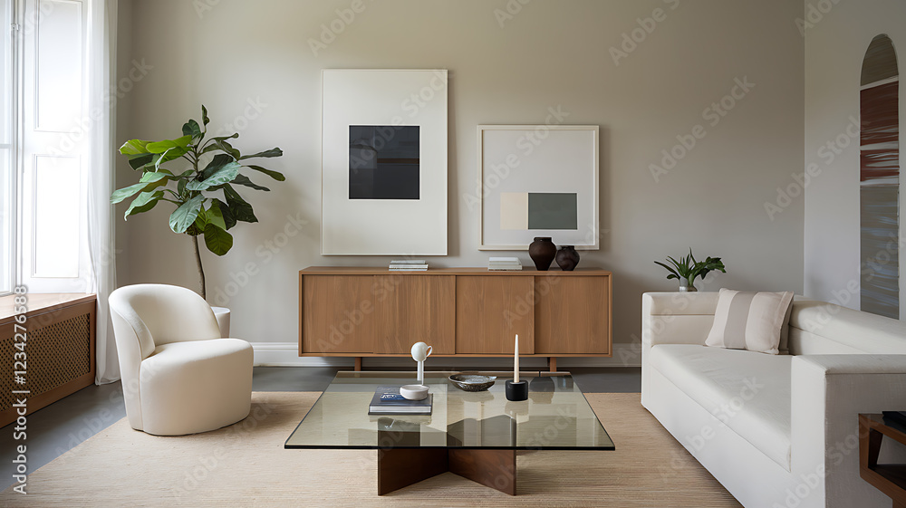 Fototapeta premium A minimalist living room with a glass coffee table and minimalist artwork