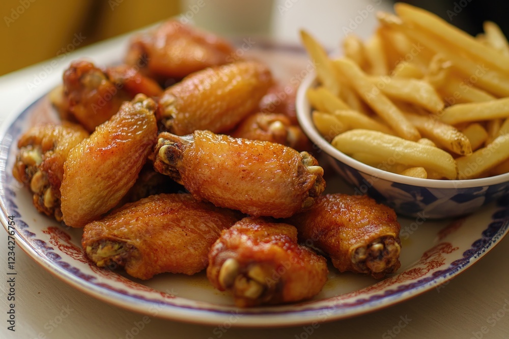A plate of crispy fried chicken wings served with golden french fries