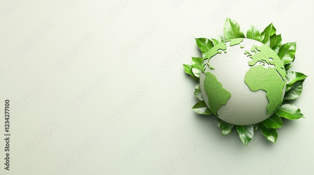 Green Earth Globe Surrounded by Fresh Leaves on Soft Green Background Green Earth Globe Surrounded by Fresh Leaves on Soft Green Background