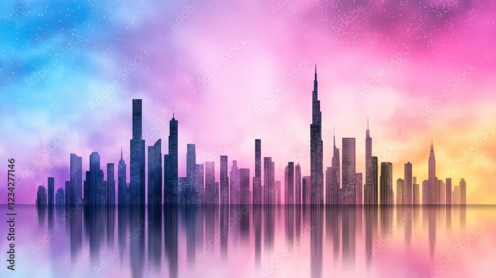 Fototapeta premium City Skyline Reflection in Vibrant Starry Night