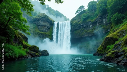 Misty veil surrounds majestic falls amidst lush greenery, misty, serene, green