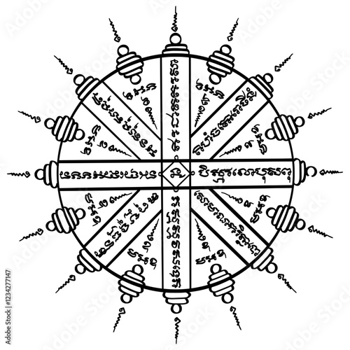 Yant Paed Tit translated to Eight Directions Yantra. The meaning is a protective symbol believed to ward off evil spirits, wild animals, and dangers, especially for travelers.
