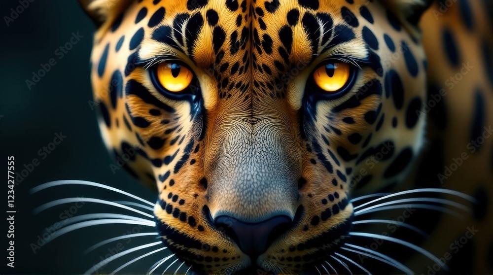 Obraz premium Intense close-up of a leopard’s glowing golden eyes, highlighting its predatory instincts and wild, majestic nature amidst the darkness of the jungle.