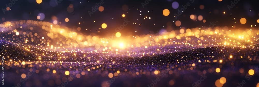 Obraz premium Abstract Golden and Purple Glowing Particle Wave, Digital Art Background With Defocused Bokeh Lights