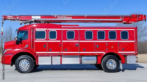 Side View of a Bright Red Fire Truck with Extended Ladder on a Clear Day at Roadside