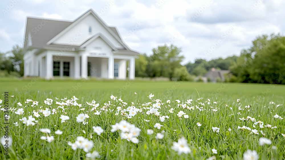 White house, green lawn, wildflowers, summer day, real estate White house, green lawn, wildflowers, summer day, real estate