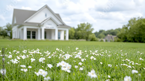 White house, green lawn, wildflowers, summer day, real estate