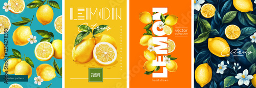 Hand drawn set of designs and patterns. Vectorized gouache illustrations. Illustrations of yellow lemons with flowers and leaves for poster, prints, menu, card or textile