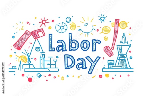 Engaging in the shared excitement of national Labor Day. Side view of american flag, set of tools, safety helmet, work gloves on wooden brown background with empty space for promo or text
