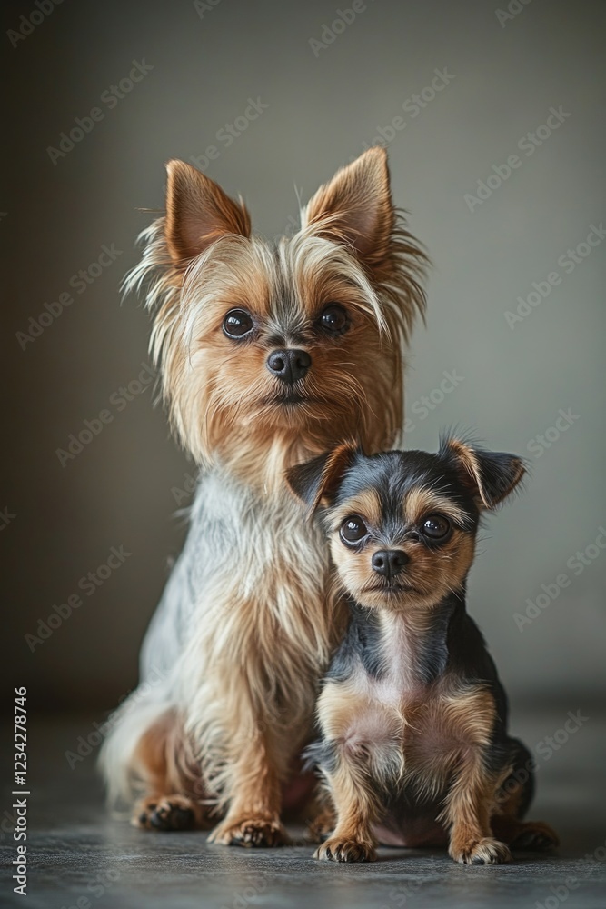 Two small dogs sitting side by side, looking friendly and cute Two small dogs sitting side by side, looking friendly and cute
