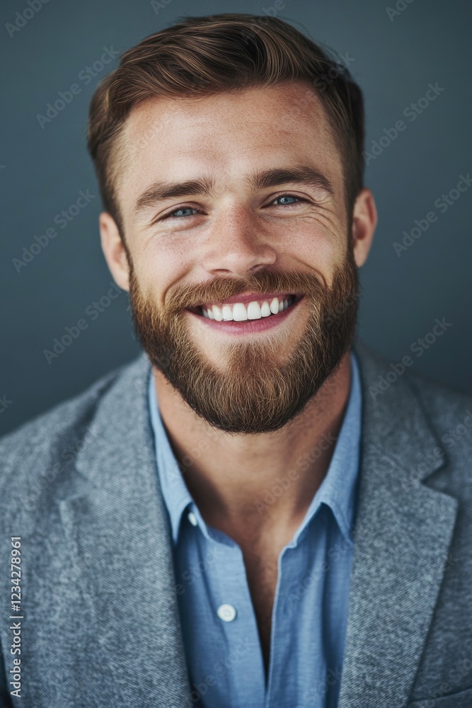 Fototapeta premium A person with a beard smiling for the camera, a friendly and approachable expression