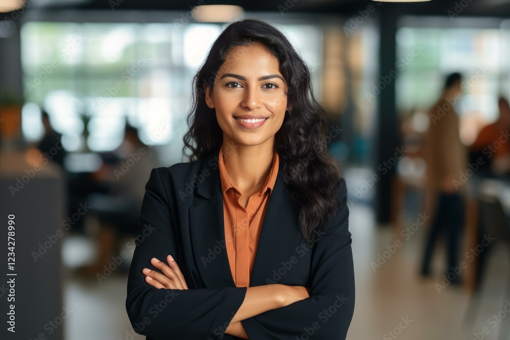 Naklejka premium Portrait of a businesswoman smiling with arms crossed, showcasing confidence and professionalism in a modern office environment