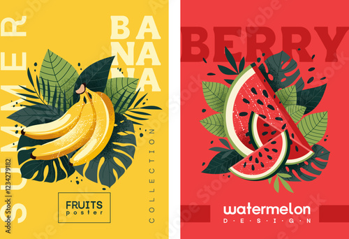Set of fruit posters. Banana and watermelon with tropical leaves in stylish flat graphics. Template for advertising, prints, packaging and printing