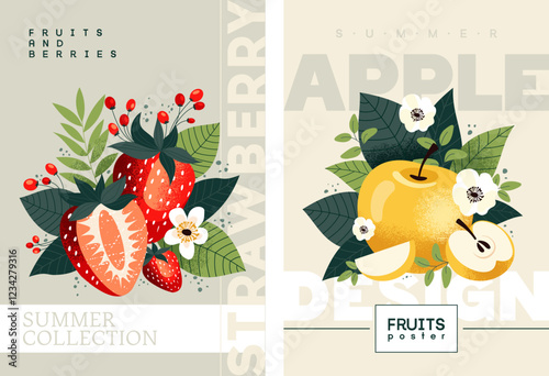 Set of fruit posters. Strawberries and apples with tropical leaves in stylish flat graphics. Template for advertising, prints, packaging and printing