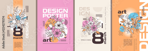 abstract design composition with flowers. Flat graphics, template for posters, postcards and greetings from March 8th