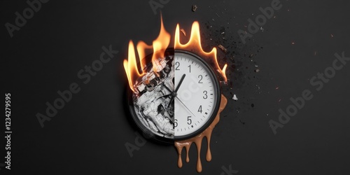 Time Running Out, a Burning Clock on a Black Background, Symbolizing Time Dissolution, Urgency, Time  management.
 photo