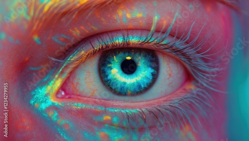 Close-up of a vibrant blue eye with neon light effects