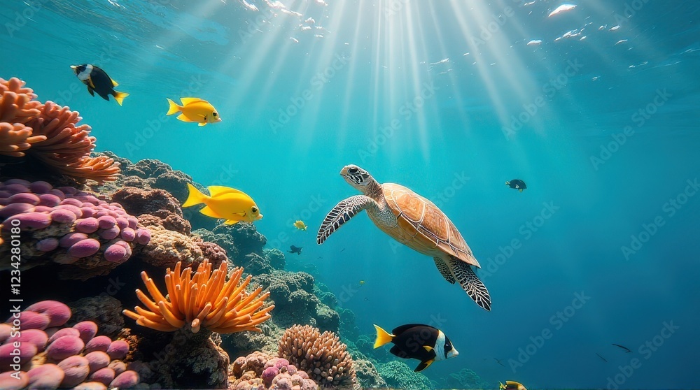 Fototapeta premium Sea turtle glides gracefully among vibrant coral reefs with colorful tropical fish swimming in crystal-clear waters under sun rays, creating a serene underwater scene of biodiversity and calmness.